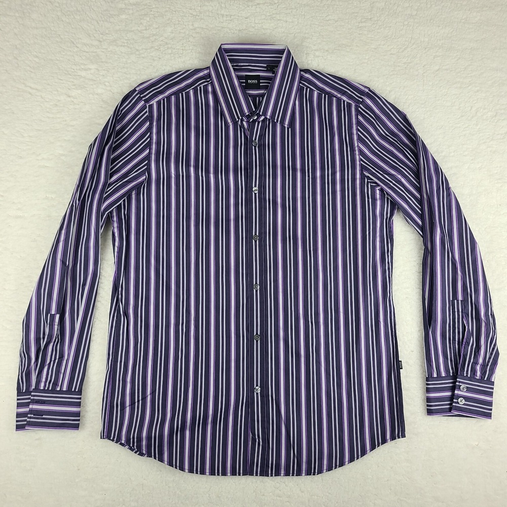Boss Hugo Boss Shirt Mens Large Purple Striped Dress Button Up